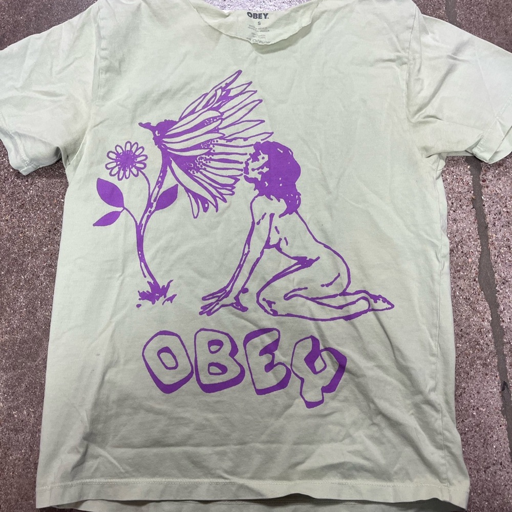 Obey Light Green Tee with Purple Graphic